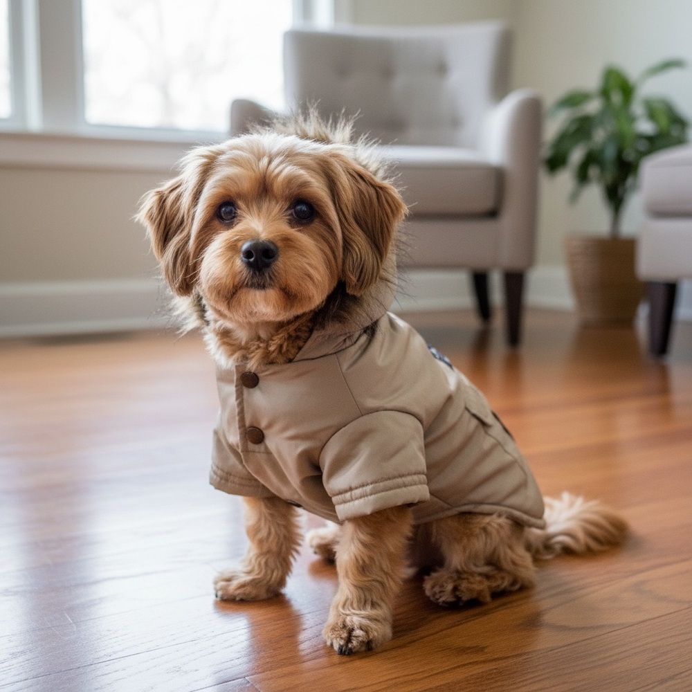 Stylish Tan Dog Jacket with Faux Fur Trim - size S (up to 10 lbs) NWOT